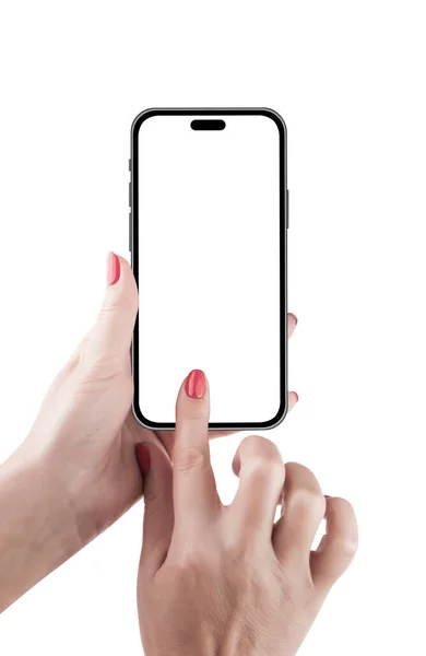 Female Hand Holding Smart Phone Mockup Screen Transparent Clipping Path — Stock Photo, Image