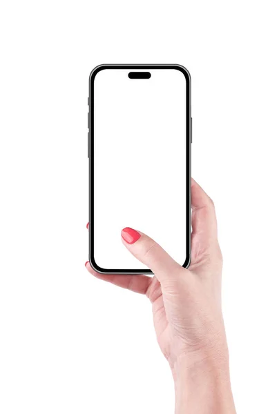 Mão Feminina Segurando Telefone Inteligente Mockup Tela Transparente Clipping Path — Fotografia de Stock