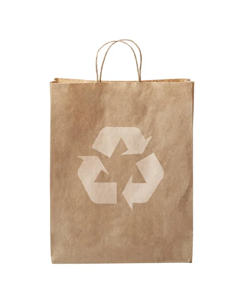 Saco Papel Feche Saco Papel Com Símbolo Reciclagem Isolado Fundo — Fotografia de Stock