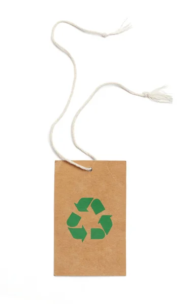 Etiqueta Papel Kraft Signo Reciclaje Verde Etiqueta Paquete Blanco Artesanal — Foto de Stock