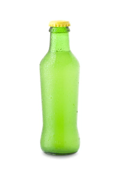 Μπουκάλι Χυμού Λεμονιού Σταγόνες Νερού Που Απομονώνονται Λευκό Φόντο Μονοπάτι — Φωτογραφία Αρχείου