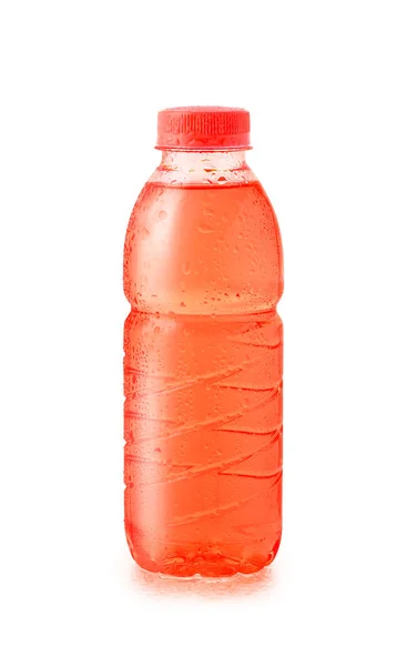 Jugo Una Botella Plástico Con Gotas Agua Aislado Sobre Fondo —  Fotos de Stock