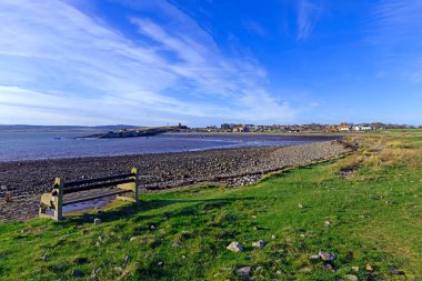 18 Kasım 2024 Pazartesi günü Links Beach, Lindisfarne, Northumberland, İngiltere 'ye bakan bir bankı ele geçirmek.