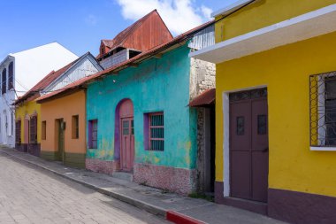 Colorful colonial architecture of historic center of Flores, Guatemala.
