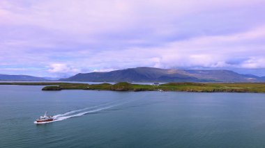İzlanda 'daki tipik manzaranın panoramik manzarası fiyortlar ve buzullar yakınlarındaki otlaklar.