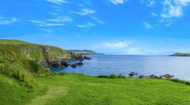 İngiltere 'de kayalıkları, okyanus manzarası ve yeşil otlakları olan İskoçya Shetland manzarası.