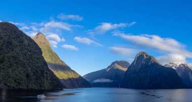 Yeni Zelanda 'daki Milford Sound fiyortlarının panoramik manzarası.