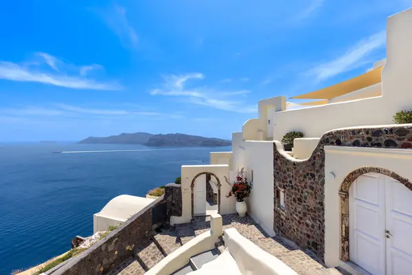 Yunanistan Yunan Adaları Seyahati Manzaralı Panoramik Deniz Manzarası Oia Nın - Stok İmaj