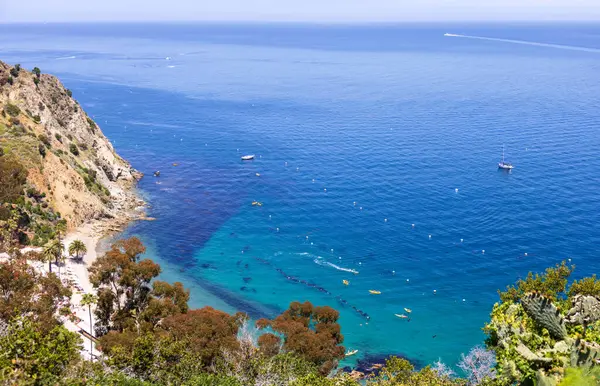 Kaliforniya 'daki Catalina Adası ve Avalon şehrinin panoramik manzarası. Ünlü tatil beldeleri ve turizm merkezleri.