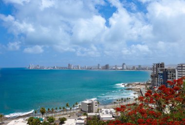 Meksika mı? Manzaralı ufuk çizgisi ve Mazatlan Malecon 'un panoramik görüntüsü. Okyanus sahili manzarası, Cerro Neveria.