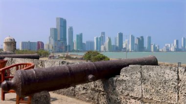 Colombia, scenic view of Cartagena cityscape modern skyline, hotels and ocean bay of Bocagrande.