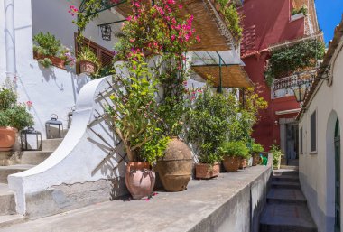 Scenic views of Positano Italian colorful architecture and landscapes on Amalfi Coast in Italy.