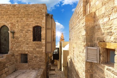 İsrail, Tel Aviv Namal Yafo tarihi eski Jaffa limanı sanat galerileri, butikler ve eski evler.