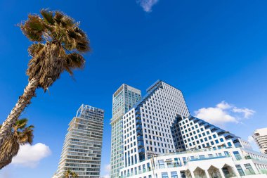 Manzaralı Tel Aviv kıyı şeridi. Eski Jaffa limanı yakınlarında oteller ve plajlar var..