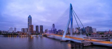 Rotterdam 'daki Erasmus Erasmusbrug köprüsünün panoramik görüntüsü. Finans sektörü ufuk çizgisi.