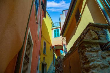 Manarola colorful rustic buildings in historic city center, Italy, Cinque Terre.
