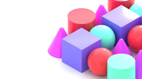 Renkli geometrik şekillerin modern üç boyutlu çizimi. Temiz beyaz arkaplan üzerindeki bu minimalist, soyut kompozisyon web tasarımı, afişler veya sunumlar için mükemmel bir kopya alanı sağlar..