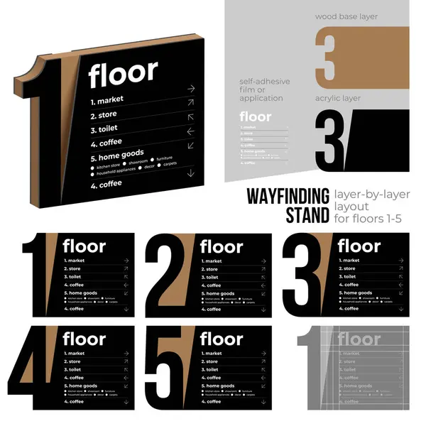 Alışveriş merkezleri ve ofisler için modern yol bulma şablonu. 1-5 katları için dizayn bir dizin ve katman katman inşaat diyagramı içerir (ahşap, akrilik). Mimarlar ve tasarımcılar için ideal.