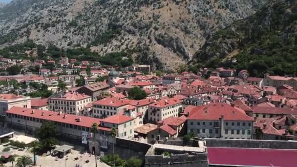 Kotor Montenegro Establecimiento Vista Aérea Drones Casco Antiguo Soleado Día — Vídeos de Stock