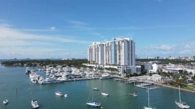 Aerial View of Yachting Club and Marina With Boats, Miami, Biscayne Bay, Florida USA, Drone Shot 4k