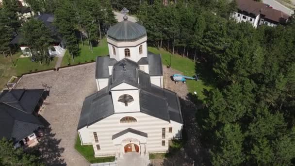 Zlatibor Serbia Drone Aerial View Orthodox Church Pine Forest Landscape — стоковое видео