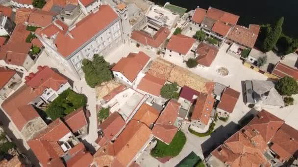 Trebinje Old Town Riverbank Trebisnjica River Drone Aerial View Sunny — Stock video