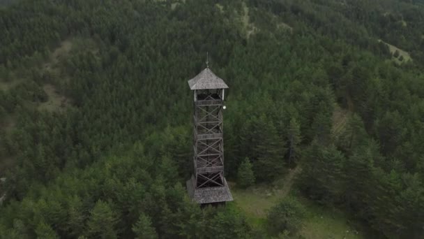 Aerial View Wooden Watchtower Forest Hill Mokra Gora Serbia Drone — Stock Video
