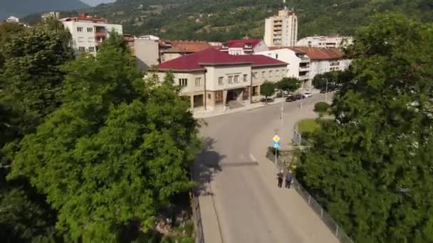 Foca Bosnia Herzegovina Vista Aérea Drones Edificios Centrales Personas Soleado — Vídeos de Stock
