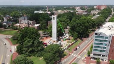 Aerial View of Memorial Bell Tower of North Carolina State University, Raleigh USA on Sunny Summer Day, 60fps Drone Shot