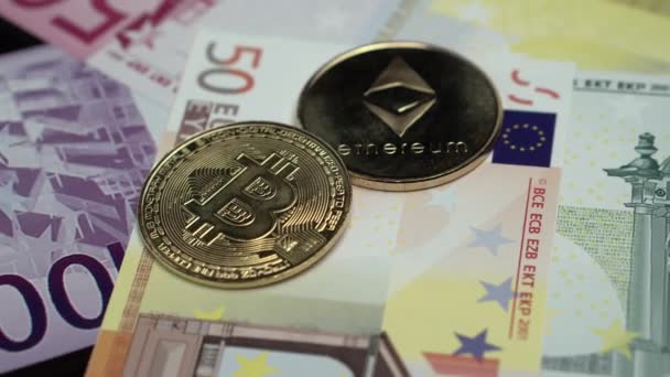 Ethereum Eth Bitcoin Btc Classic Golden Coins Euro Banknotes Bills — Stock videók