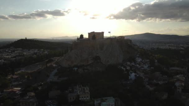 Vista Aérea Puesta Del Sol Sobre Acrópolis Atenas Grecia Drone — Vídeos de Stock