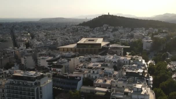 Drone Aerial View Athens Greece Acropolis Museum Building Neighborhood Summer — 비디오