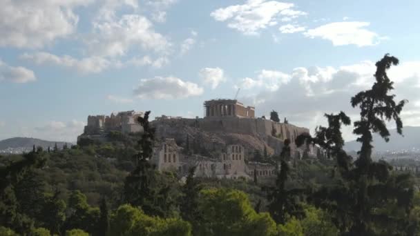 Akropolis Athene Griekenland Drone Aerial View Ancient Landmark City Symbol — Stockvideo