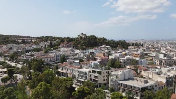 Vista Aérea Atenas Grecia Barrio Residencial Bajo Santa Iglesia Santa — Vídeo de stock