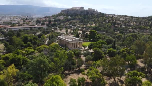 Flygfoto Över Hephaestus Tempel Antika Agora Aten Grekland Med Akropolis — Stockvideo