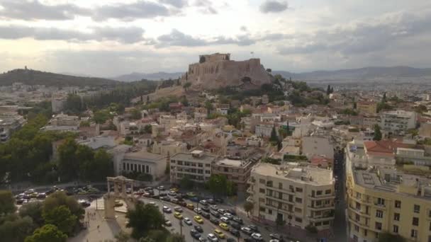 Aten Grekland Flygfoto Över Akropolis Tempel Och Trafik Centrum Distriktet — Stockvideo