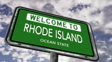 Okyanus Eyaleti, Rhode Island 'a hoş geldiniz. ABD Yol İşareti Yakın, Gerçekçi Animasyon 4k
