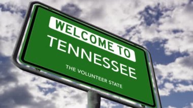 Tennessee 'ye hoş geldiniz, Gönüllü Eyalet. ABD Yol İşareti Yakın, Gerçekçi 3D Animasyon 4k