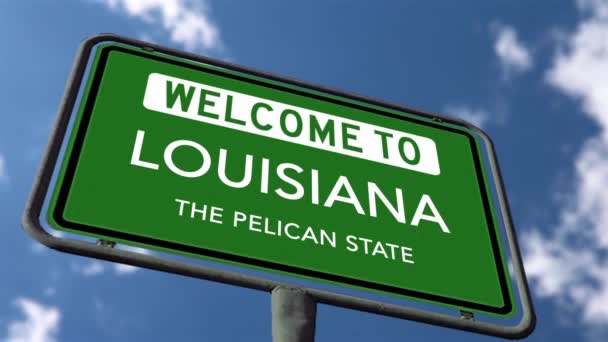 Vítejte Louisianě Pelikánském Státě Road Sign Close Realistické Animace — Stock video