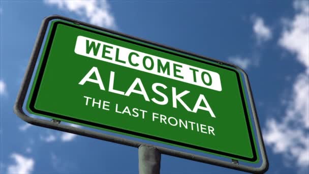 欢迎来到阿拉斯加 最后的边疆 美国州立公路签署特写 现实的3D动画 — 图库视频影像
