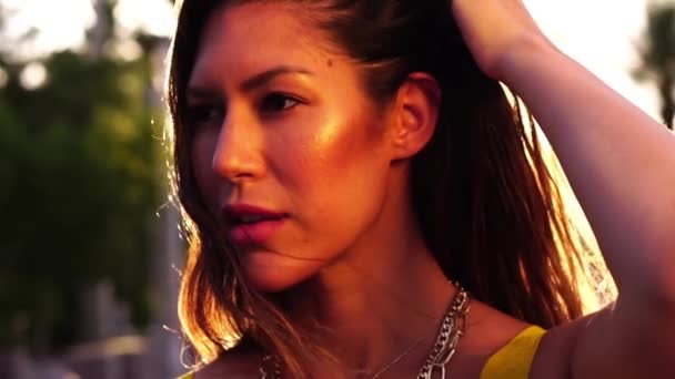 Portrét Krásné Mladé Ženy Dotýkající Vlasů Zlatou Hodinou Slunečního Svitu — Stock video