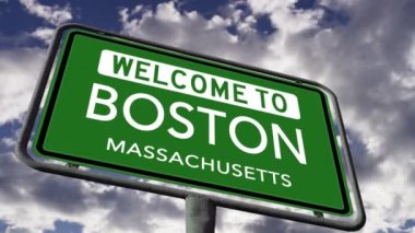 Welcome to Boston, Massachusetts. USA City Road Sign Close Up, Realistic 3D Animation 4k