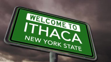 Welcome to Ithaca, New York State, US City Road Sign Under Dark Clouds, Close Up Realistic 3D Animation 4k