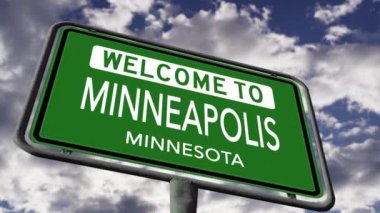 Welcome to Minneapolis Minnesota USA Road Sign, Close Up Realistic 3d Animation 4k