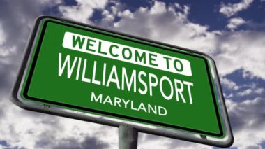 Welcome to Williamsport, Maryland. US City Road Sign Close Up, Realistic 3D Animation 4k