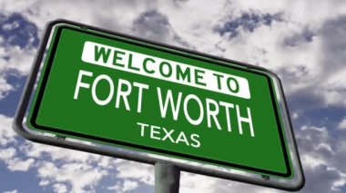 Welcome to Fort Worth Texas, USA City Road Sign Close Up Realistic 3d Animation