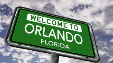 Welcome to Orlando Florida USA City Road Sign, Close Up Realistic 3d Animation 4k