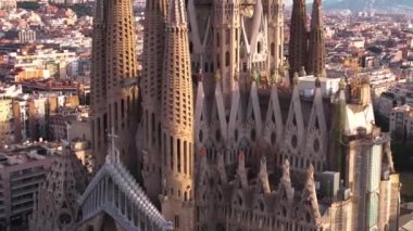Barcelona, Spain, Sagrada Familia Basilica, Aerial View of Famous Catholic Landmark, Close Up Drone Shot