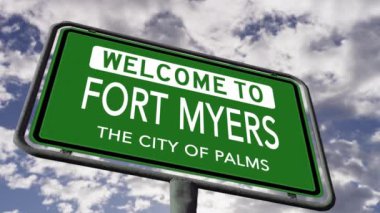 Welcome to Fort Myers, Florida, the City of Palms, USA Road Sign Close Up, Realistic 3D Animation 4k