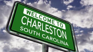 Welcome to Charleston South Carolina, US City Road Sign Close Up Realistic 3D Animation 4k